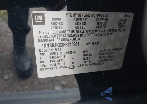 2015 Chevrolet Suburban 1500 Lt from USA, damaged, VIN 1GNSKJKC3FR210961